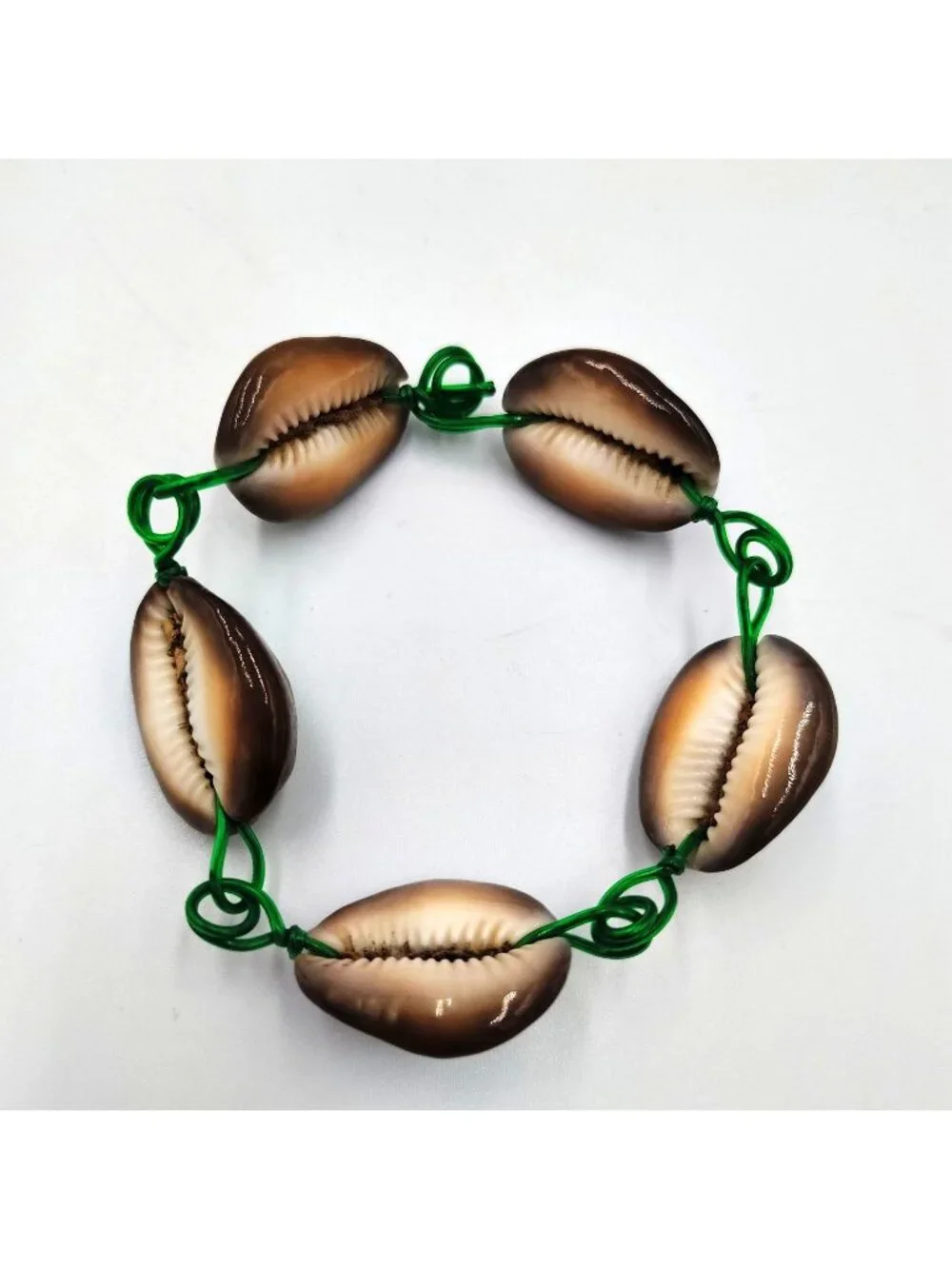 Vintage Handmade Cowrie Shell Bracelet Green Wire Boho Beach Coastal Jewelry